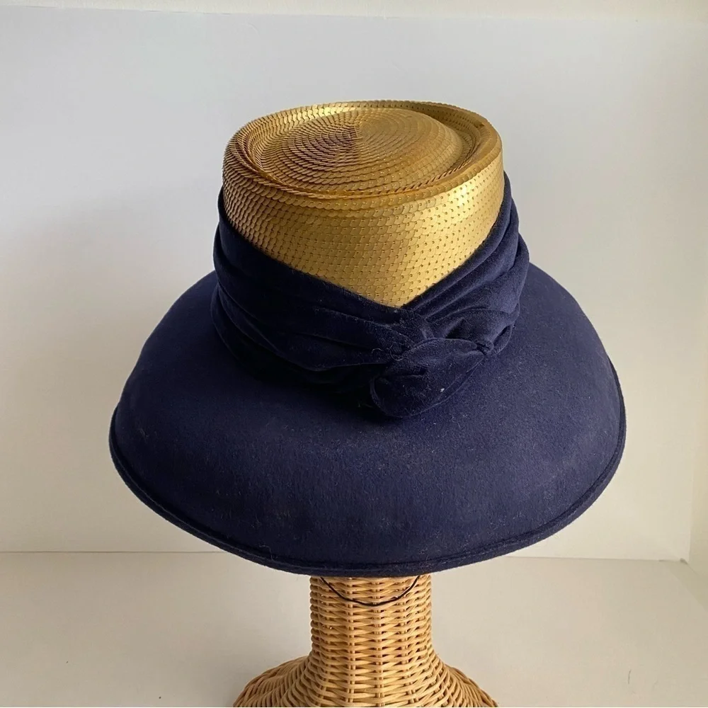 Vintage‎ 90s Whittall & Shon Wool Sequin Hat Navy Blue Gold Wide Brim - Picture 13 of 14
